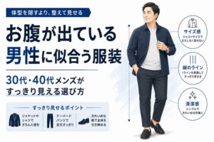ネイビージャケットを着た30代・40代男性と、お腹まわりをすっきり見せる3ポイント(サイズ感・縦のライン・清潔感)