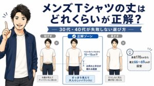 メンズTシャツの丈の比較図。短すぎ・正解ゾーン・長すぎの3パターンと、身長170cmなら着丈66〜69cmの目安
