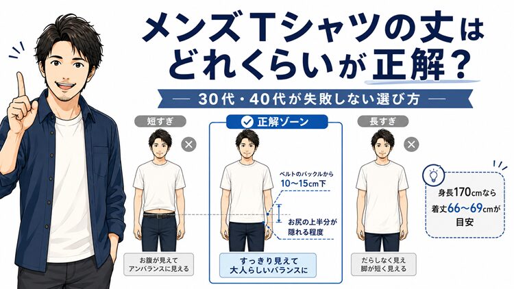 メンズTシャツの丈の比較図。短すぎ・正解ゾーン・長すぎの3パターンと、身長170cmなら着丈66〜69cmの目安