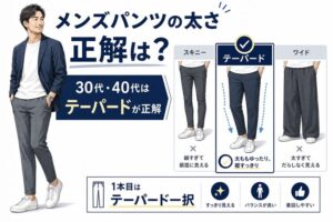 メンズパンツの太さ比較図。スキニー・テーパード・ワイドの3タイプと、30代・40代はテーパードが正解という結論