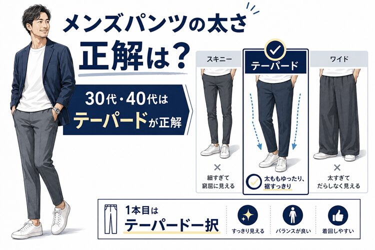 メンズパンツの太さ比較図。スキニー・テーパード・ワイドの3タイプと、30代・40代はテーパードが正解という結論