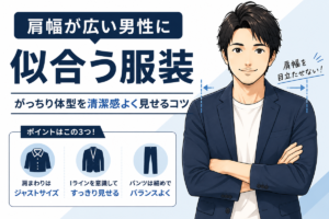 ネイビージャケットを着た肩幅の広い30代・40代男性と、服選びの3ポイント(肩まわりはジャストサイズ・Iラインですっきり見せる・パンツでバランスをとる)