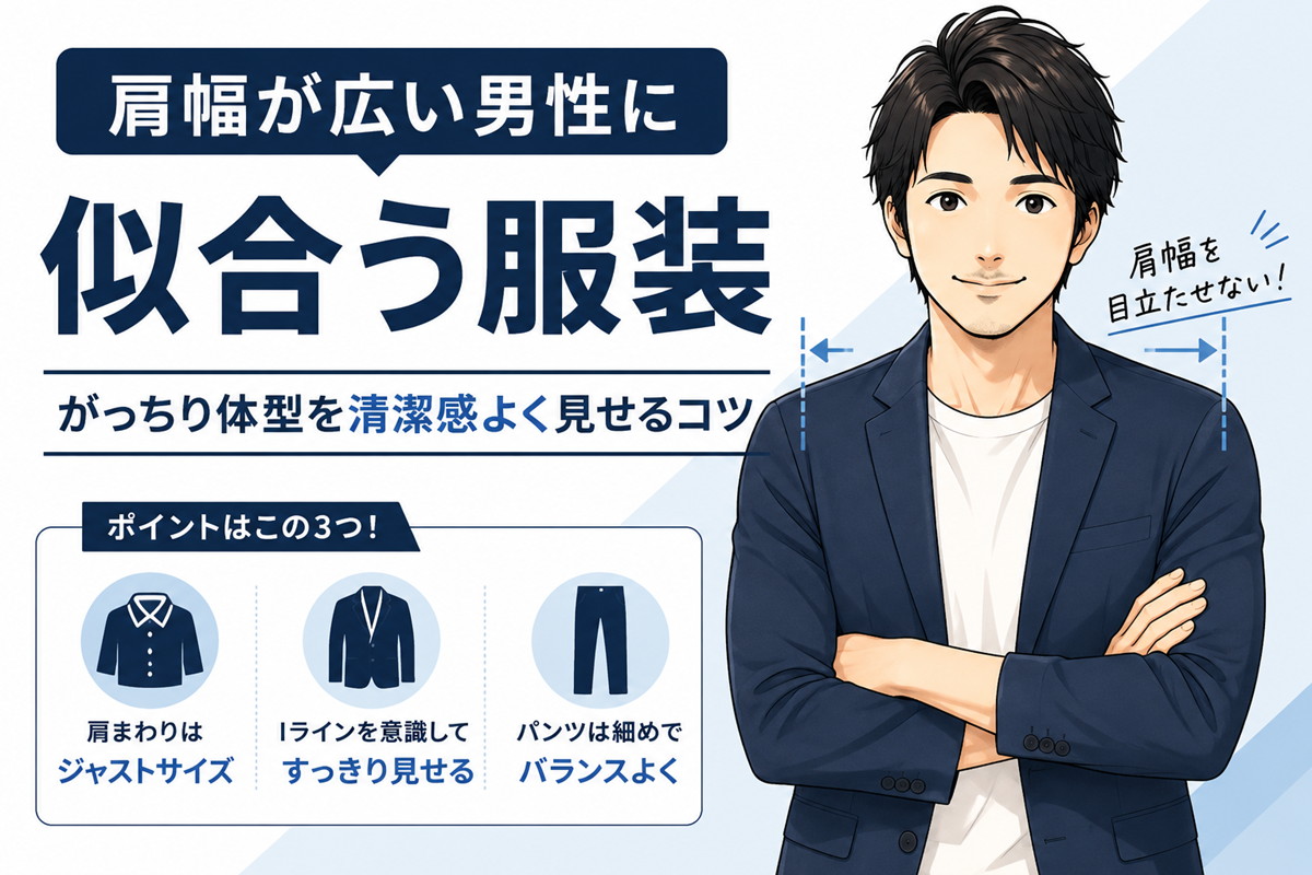 ネイビージャケットを着た肩幅の広い30代・40代男性と、服選びの3ポイント(肩まわりはジャストサイズ・Iラインですっきり見せる・パンツでバランスをとる)