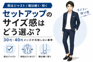 ネイビーのセットアップを着た30代・40代男性と、サイズ選びの3ポイント(肩はジャスト・身幅は少しゆとり・裾は細く短く)