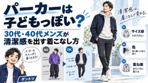 グレーのパーカーにネイビーのシャツジャケットを重ねた男性の写真と、パーカーのNG例・OK例の比較、サイズ感・色・重ね着という3つのポイント