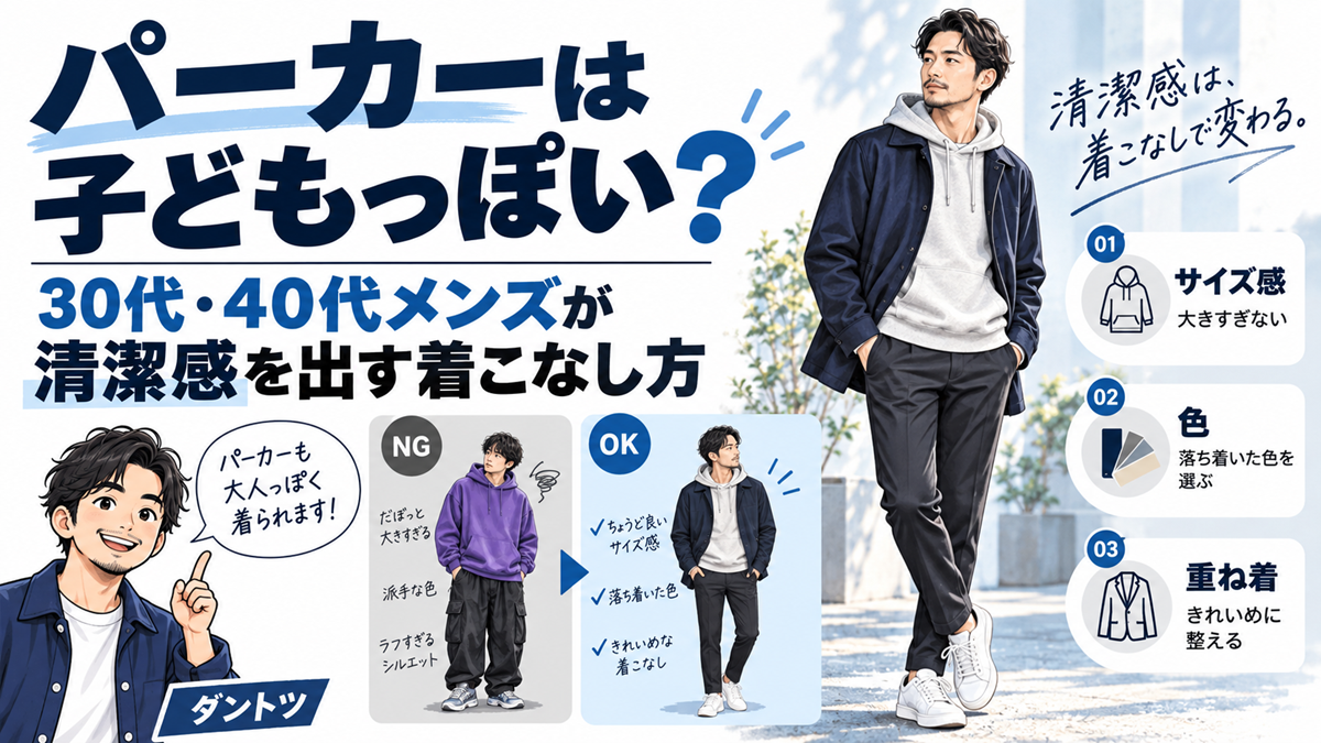 グレーのパーカーにネイビーのシャツジャケットを重ねた男性の写真と、パーカーのNG例・OK例の比較、サイズ感・色・重ね着という3つのポイント