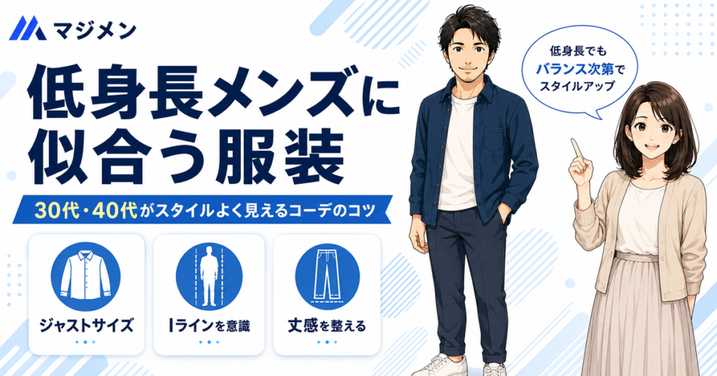 ネイビーシャツの男性とカーディガンの女性のイラストと、低身長メンズの服選び3ポイント（ジャストサイズ・Iラインを意識・丈感を整える）