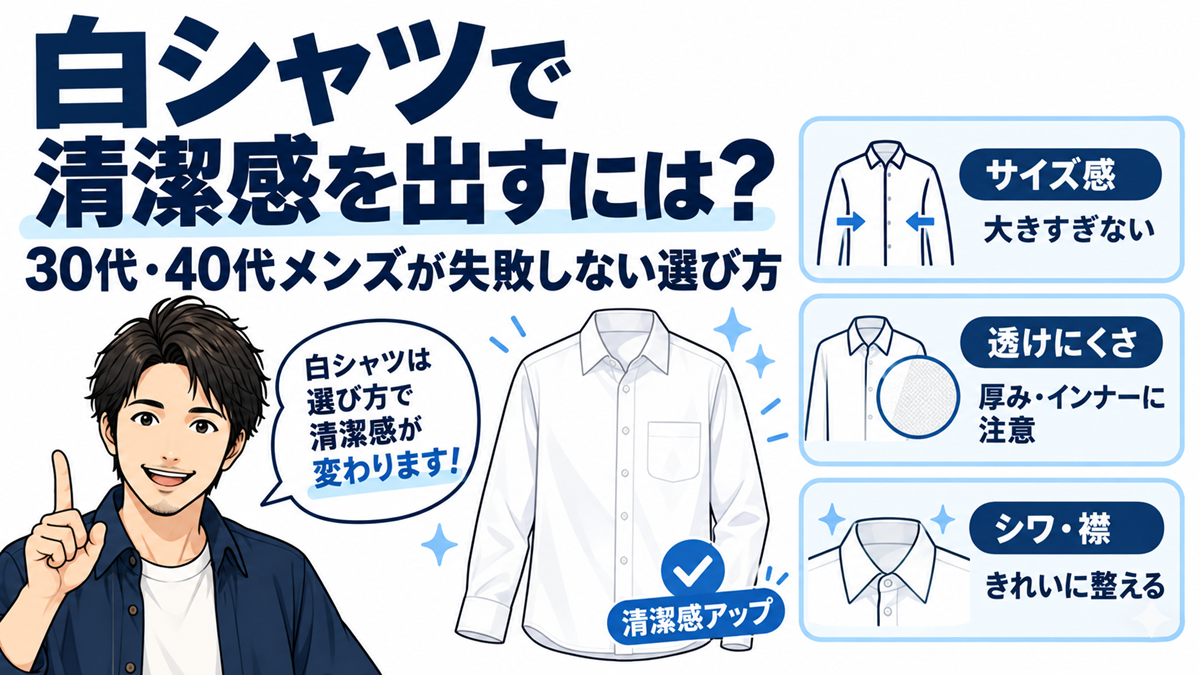 白シャツのイラストと男性のイラスト、サイズ感・透けにくさ・シワと襟という白シャツ選びの3つのチェックポイント
